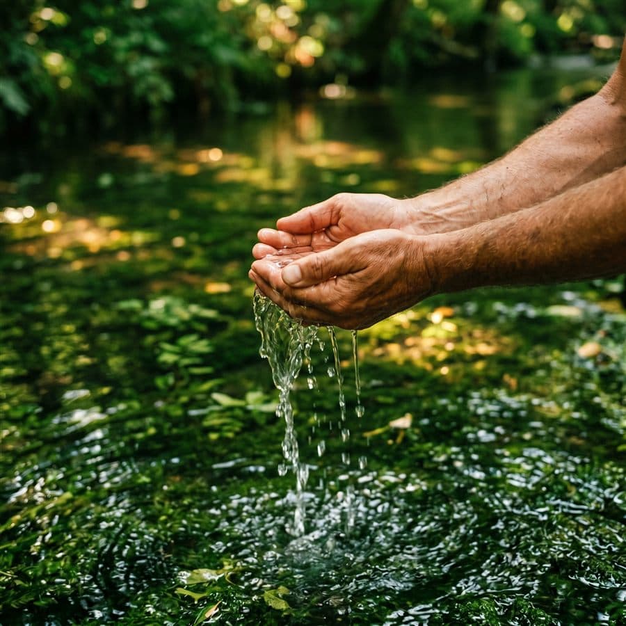 Hands holding water over a forest stream — every drop saved by The Good Earth's waterfree technology